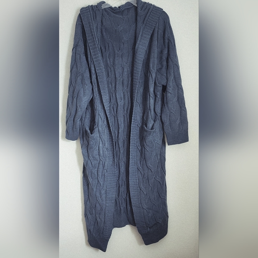 CJ Banks Longline Cardigan Womens Cable Knit Open Front Hoodie Pockets Sz 2XL